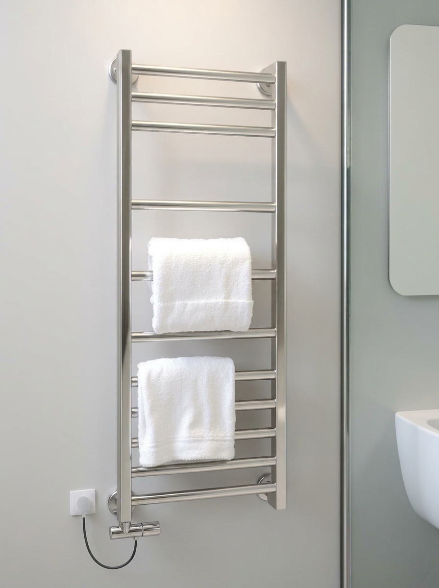 Electric towel warmer in brushed silver